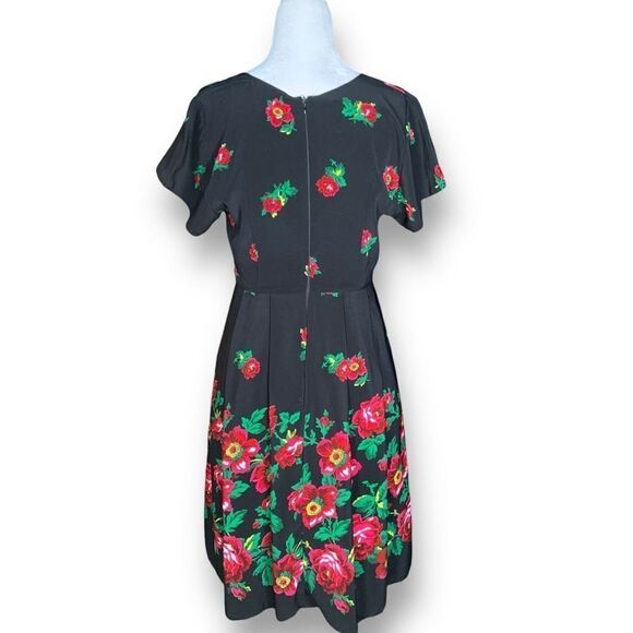 Recultured Designs Adela Dress Black Red Folkloric Floral Print Pleated Retro - Picture 2 of 10